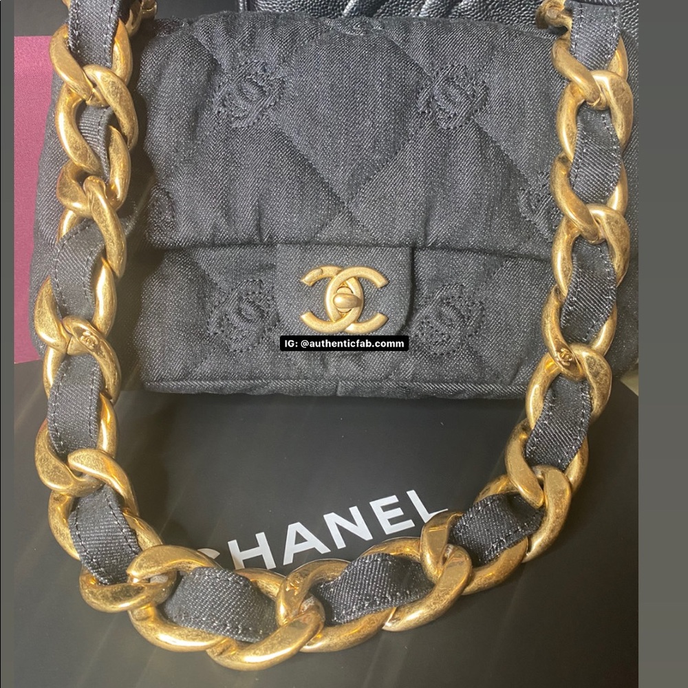 Auth BNIB Chanel Funkytown Black Denim Medium Rectangle Bag Chunky Chain 22S